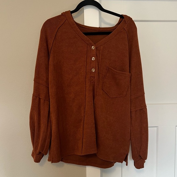 Women's Long Sleeve Button-Up Top - Brown - Picture 1 of 4